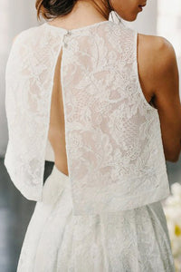 Two Piece Crew Open Back Sweep Train Ivory Lace Wedding Dress with Pockets OHD052 | Cathyprom