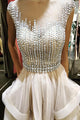 A-Line Jewel Floor-Length Champagne Tulle Prom Dress with Beading Ruffles P33