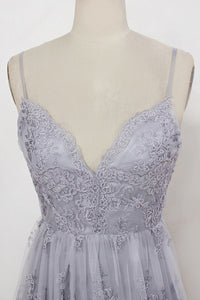Sheath Spaghetti Straps Sweep Train Backless Grey Tulle Prom Dress with Appliques P24