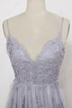 Sheath Spaghetti Straps Sweep Train Backless Grey Tulle Prom Dress with Appliques P24