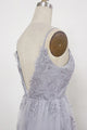 Sheath Spaghetti Straps Sweep Train Backless Grey Tulle Prom Dress with Appliques P24
