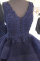 A-Line V-Neck Floor-Length Backless Navy Blue Organza Prom Dress with Appliques Beading P20