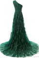 A-Line One-Shoulder Sweep Train Dark Green Tulle Prom Dress with Appliques Beading P16
