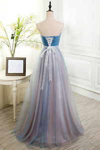 A-Line Sweetheart Floor-Length Blue Tulle Prom Dress with Beading OHC075 | Cathyprom
