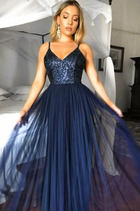 A-Line V-Neck Floor-Length Navy Blue Prom Dress with Sequins OHC009 | Cathyprom
