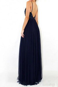 A-Line V-Neck Floor-Length Navy Blue Prom Dress with Sequins OHC009 | Cathyprom