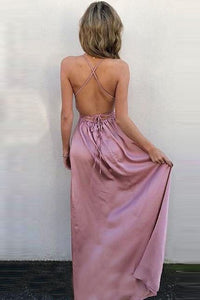 A-Line V-Neck Criss-Cross Straps Floor-Length Rose Pink Prom Dress L56 | Cathyprom
