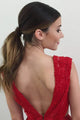 A-Line V-Neck Sleeveless Backless Sweep Train Red Lace Prom Dress OHC085 | Cathyprom