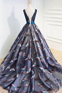 A-Line V-Neck Court Train Navy Blue Tulle Prom Dress with Appliques Beading Q45