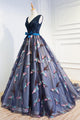 A-Line V-Neck Court Train Navy Blue Tulle Prom Dress with Appliques Beading Q45