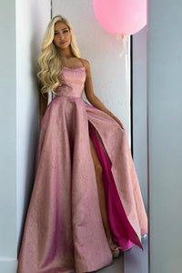 Cheap Prom Dresses A-Line Spaghetti Straps Backless Sweep Train Rose Pink Split Long Prom Dress OHC563