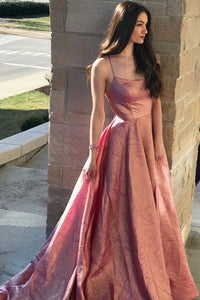 Cheap Prom Dresses A-Line Spaghetti Straps Backless Sweep Train Rose Pink Split Long Prom Dress OHC563