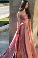 Cheap Prom Dresses A-Line Spaghetti Straps Backless Sweep Train Rose Pink Split Long Prom Dress OHC563