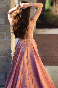 Cheap Prom Dresses A-Line Spaghetti Straps Backless Sweep Train Rose Pink Split Long Prom Dress OHC563