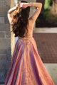 Cheap Prom Dresses A-Line Spaghetti Straps Backless Sweep Train Rose Pink Split Long Prom Dress OHC563