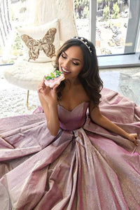Cheap Prom Dresses A-Line Spaghetti Straps Backless Sweep Train Rose Pink Split Long Prom Dress OHC563