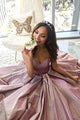 Cheap Prom Dresses A-Line Spaghetti Straps Backless Sweep Train Rose Pink Split Long Prom Dress OHC563