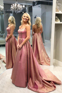 Cheap Prom Dresses A-Line Spaghetti Straps Backless Sweep Train Rose Pink Split Long Prom Dress OHC563