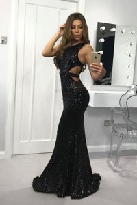 Mermaid Crew Floor-Length Black Cut Out Sequined Prom Evening Dress OHC005 | Cathyprom