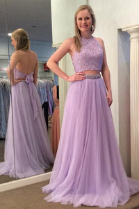 Two Piece Halter Backless Floor-Length Lavender Prom Dress with Lace Beading OHC026 | Cathyprom