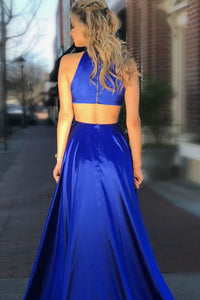 A-Line Crew Sweep Train Royal Blue Prom Dress with Pockets Split OHC553