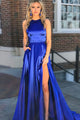 A-Line Crew Sweep Train Royal Blue Prom Dress with Pockets Split OHC553