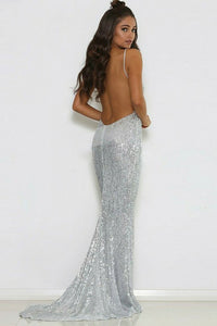 Mermaid Spaghetti Straps Sweep Train Silver Sequined Backless Sleeveless Prom Dress Z27