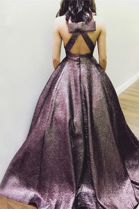 Elegant A-Line Deep V-Neck Sweep Train Metallic Brown Long Prom Dress with Pockets OHC567