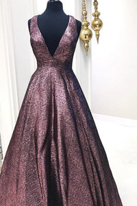 Elegant A-Line Deep V-Neck Sweep Train Metallic Brown Long Prom Dress with Pockets OHC567