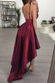 High Low Spaghetti Straps Sleeveless Backless Burgundy Taffeta Prom Dress OHC182 | Cathyprom