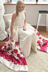 Mermaid Jewel Detachable Sweep Train White Printed Satin Prom Dress with Pockets L13
