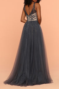 Sheath V-Neck Over Skirt Sweep Train Grey Prom Dress with Appliques Beading OHC003 | Cathyprom