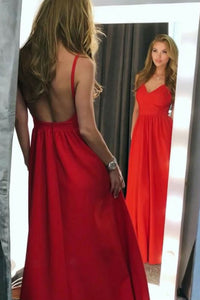 A-Line Spaghetti Straps Backless Floor-Length Red Satin Prom Dress OHC002 | Cathyprom