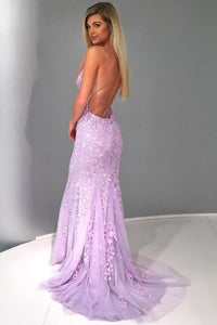 Mermaid Spaghetti Straps Lace Up Lilac Long Prom Dress with Appliques L38 | Cathyprom