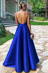 Simple A Line V-neck Sleeveless Royal Blue Backless Long Satin Prom Evening Dress OHC576
