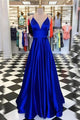 Simple A Line V-neck Sleeveless Royal Blue Backless Long Satin Prom Evening Dress OHC576