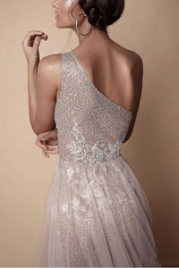 Charming A-Line One-Shoulder Floor-Length Long Champagne Prom Dress with Beading Split OHC566