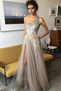 Charming A-Line One-Shoulder Floor-Length Long Champagne Prom Dress with Beading Split OHC566