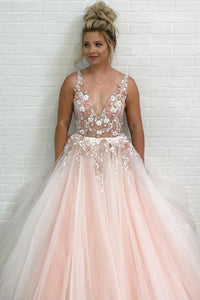 A-Line V-Neck Floor-Length Pink Prom Dress with Appliques Beading L39 | Cathyprom