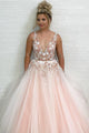 A-Line V-Neck Floor-Length Pink Prom Dress with Appliques Beading L39 | Cathyprom