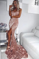 Sexy Prom Dresses Mermaid Sweetheart Sweep Train Rose Pink Long Sequined Prom Dress with Split OHC572