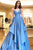 A-Line Spaghetti Straps Floor-Length Blue Satin Tiered Prom Dress OHC559