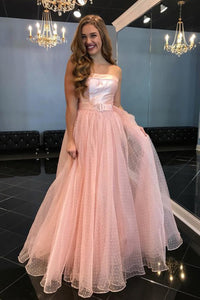 A Line Strapless Floor-Length Pink Tulle Prom Party Dress with Belt OHC555