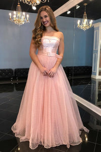 A Line Strapless Floor-Length Pink Tulle Prom Party Dress with Belt OHC555