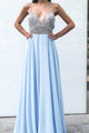A-Line Spaghetti Straps Backless Floor-Length Light Blue Beaded Chiffon Prom Dress OHC029 | Cathyprom