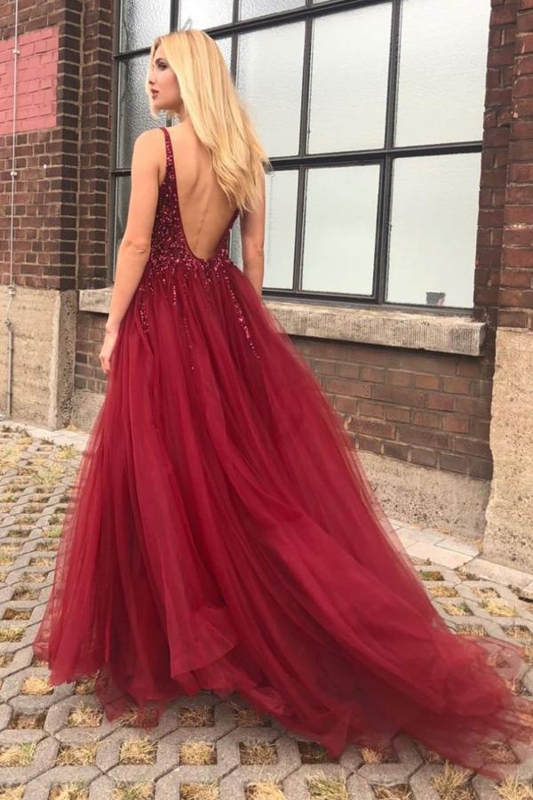 Simple A Line V Neck Backless Burgundy Long Prom Dress with Leg Slit, –  abcprom