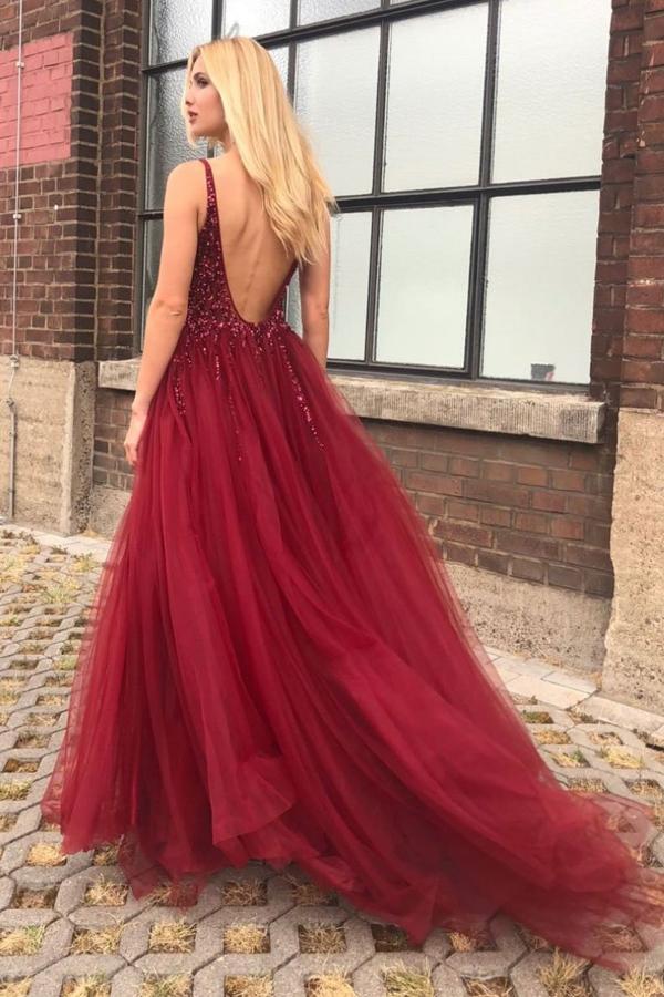 A-Line V-Neck Backless Sweep Train Burgundy Prom Dress with Beading Sp cathyprom A-Line V-Neck Backless Sweep Train Burgundy Prom Dress with Beading Sp cathyprom
