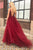 A-Line V-Neck Backless Sweep Train Burgundy Prom Dress with Beading Split L7