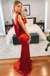 Mermaid V-Neck Backless Sweep Train Red Prom Party Dress with Split LPD92 | Cathyprom