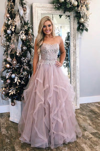 A-Line Sweetheart Floor-Length Lilac Tiered Prom Dress with Lace OHC560
